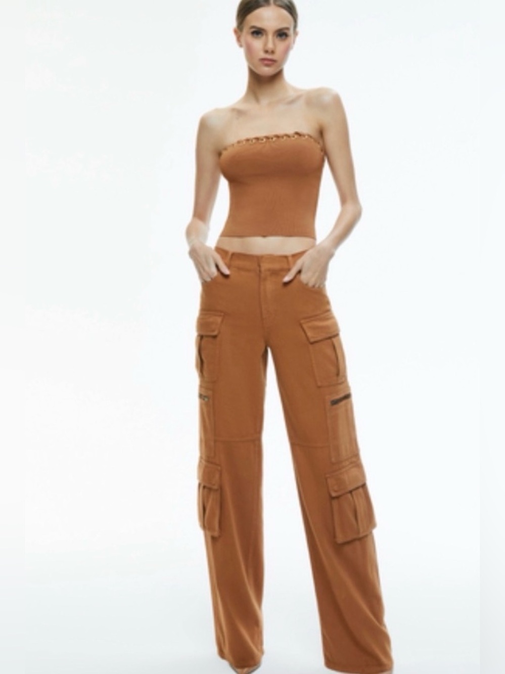 Alice + Olivia Cay Baggy Cargo Pants Camel Wide Leg High Rise Size 26